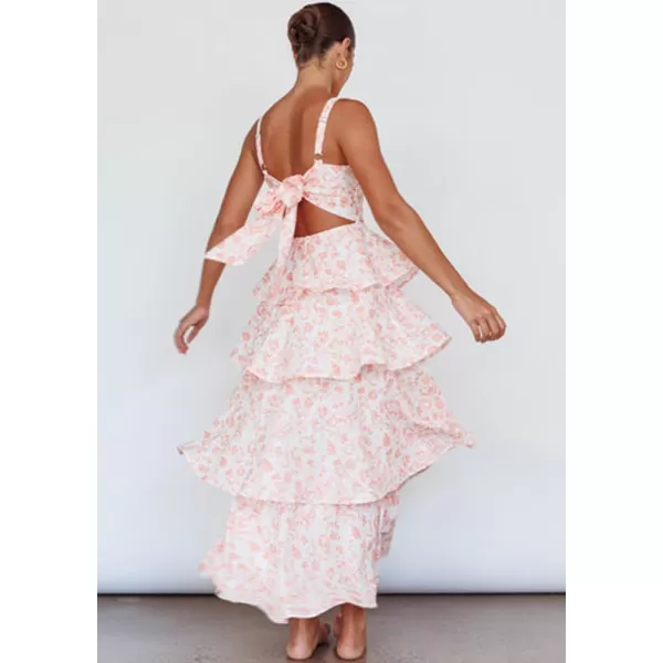 imagechouyatou Womens Summer Boho Floral Print Party Dress Cut Out Tiered Maxi Beach DressPink