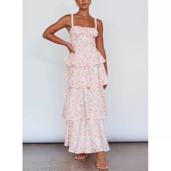 imagechouyatou Womens Summer Boho Floral Print Party Dress Cut Out Tiered Maxi Beach DressPink