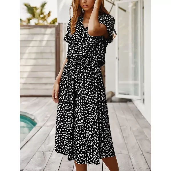 imagechouyatou Womens Summer Boho Polka Dot Print Ruffle High Waist Swing Midi DressBlack
