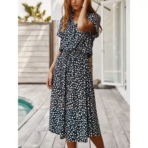 imagechouyatou Womens Summer Boho Polka Dot Print Ruffle High Waist Swing Midi DressNavy Blue