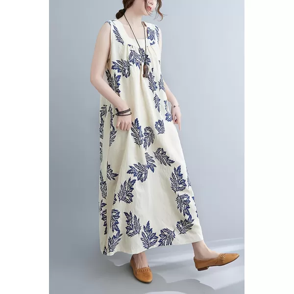 imagechouyatou Womens Summer Boho V Neck Floral Cotton Linen Sundress Tunic Shift Maxi Tank DressBlue Sleaves