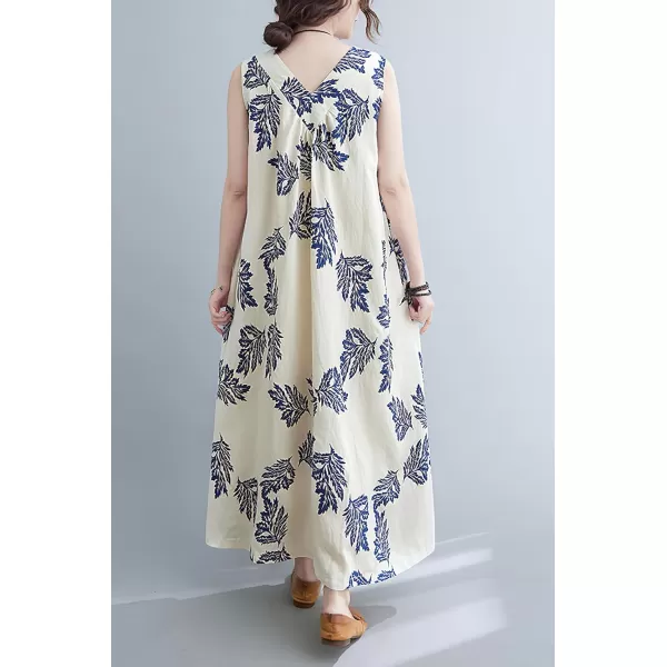 imagechouyatou Womens Summer Boho V Neck Floral Cotton Linen Sundress Tunic Shift Maxi Tank DressBlue Sleaves