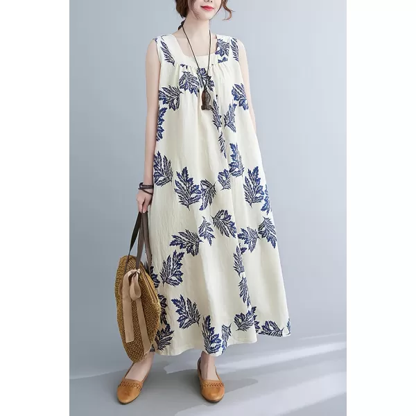 imagechouyatou Womens Summer Boho V Neck Floral Cotton Linen Sundress Tunic Shift Maxi Tank DressBlue Sleaves