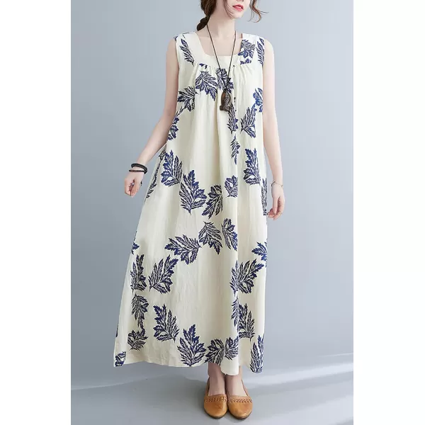 imagechouyatou Womens Summer Boho V Neck Floral Cotton Linen Sundress Tunic Shift Maxi Tank DressBlue Sleaves