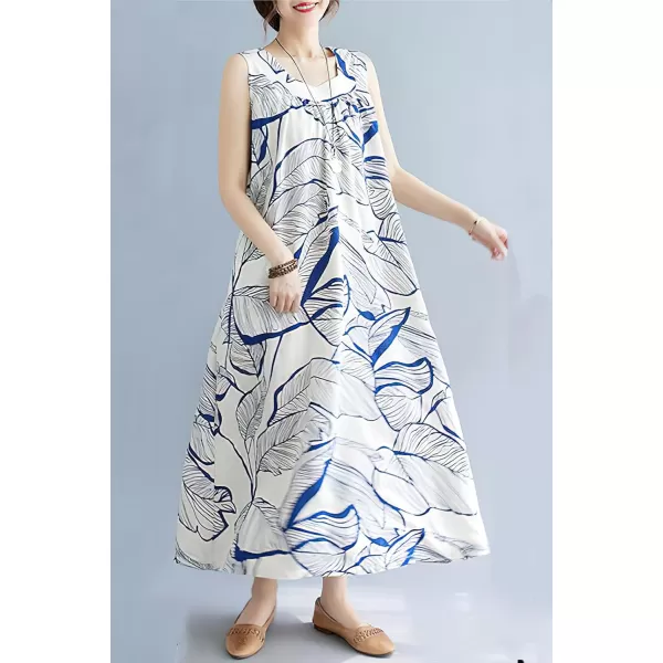 imagechouyatou Womens Summer Boho V Neck Floral Cotton Linen Sundress Tunic Shift Maxi Tank DressBlue White