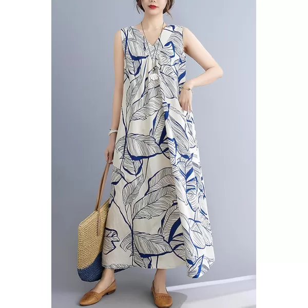 imagechouyatou Womens Summer Boho V Neck Floral Cotton Linen Sundress Tunic Shift Maxi Tank DressBlue White