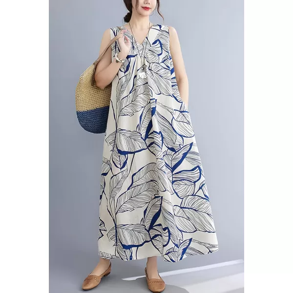 imagechouyatou Womens Summer Boho V Neck Floral Cotton Linen Sundress Tunic Shift Maxi Tank DressBlue White