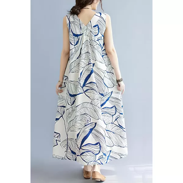 imagechouyatou Womens Summer Boho V Neck Floral Cotton Linen Sundress Tunic Shift Maxi Tank DressBlue White