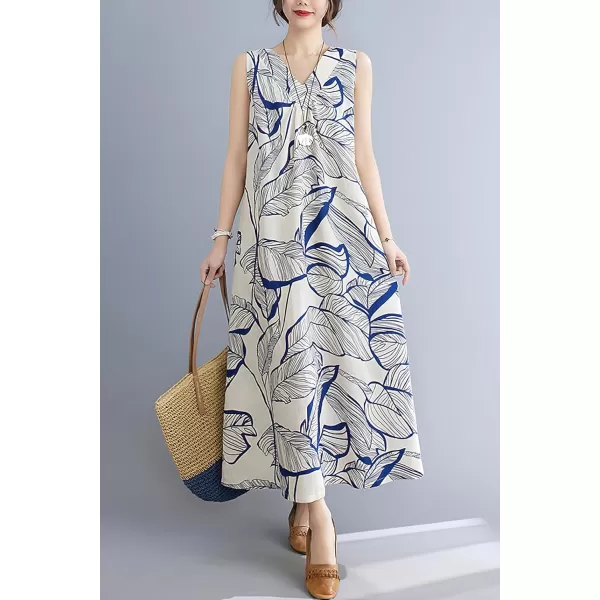 imagechouyatou Womens Summer Boho V Neck Floral Cotton Linen Sundress Tunic Shift Maxi Tank DressBlue White