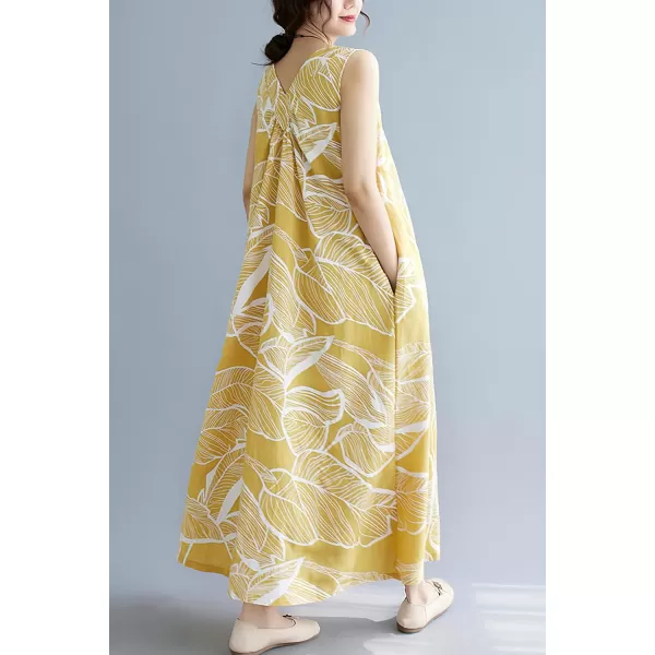 imagechouyatou Womens Summer Boho V Neck Floral Cotton Linen Sundress Tunic Shift Maxi Tank DressYellow