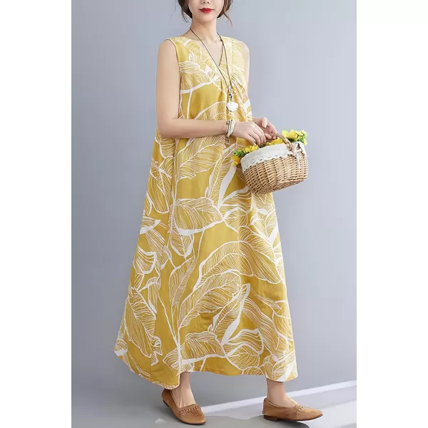 imagechouyatou Womens Summer Boho V Neck Floral Cotton Linen Sundress Tunic Shift Maxi Tank DressYellow
