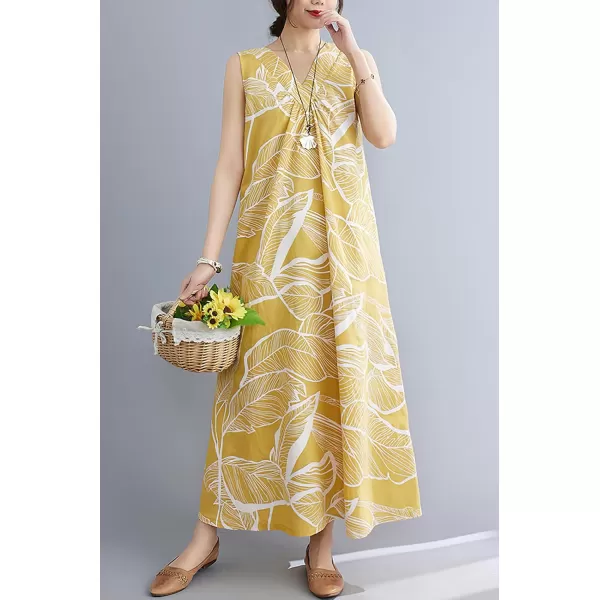 imagechouyatou Womens Summer Boho V Neck Floral Cotton Linen Sundress Tunic Shift Maxi Tank DressYellow