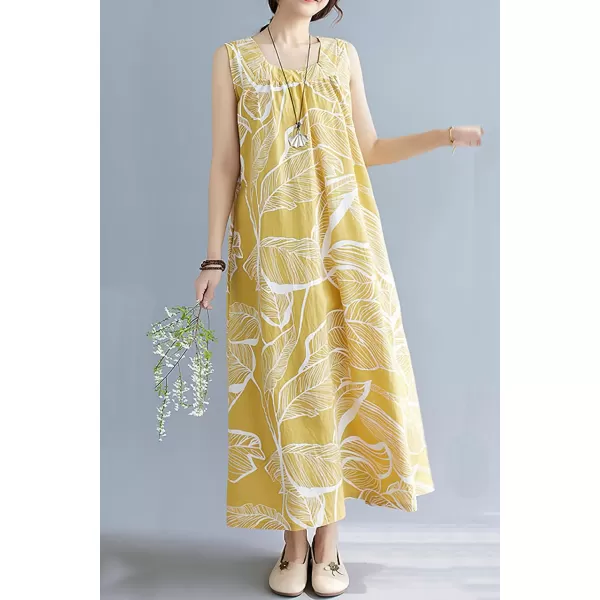 imagechouyatou Womens Summer Boho V Neck Floral Cotton Linen Sundress Tunic Shift Maxi Tank DressYellow