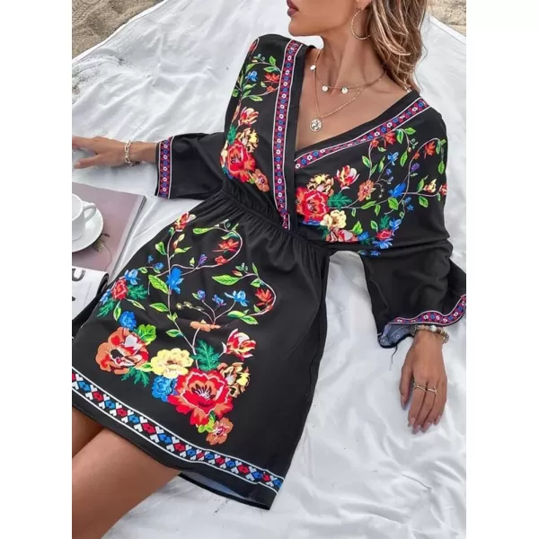 imagechouyatou Womens Summer Boho V Neck Floral Embroidered Mexican Dress High Waist Mini DressBlack