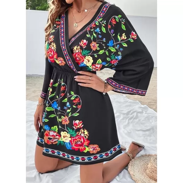 imagechouyatou Womens Summer Boho V Neck Floral Embroidered Mexican Dress High Waist Mini DressBlack
