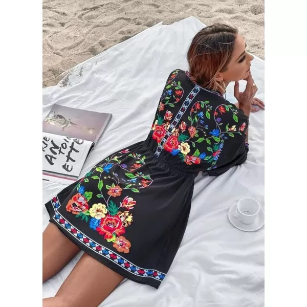 imagechouyatou Womens Summer Boho V Neck Floral Embroidered Mexican Dress High Waist Mini DressBlack