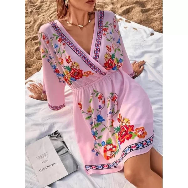imagechouyatou Womens Summer Boho V Neck Floral Embroidered Mexican Dress High Waist Mini DressPink