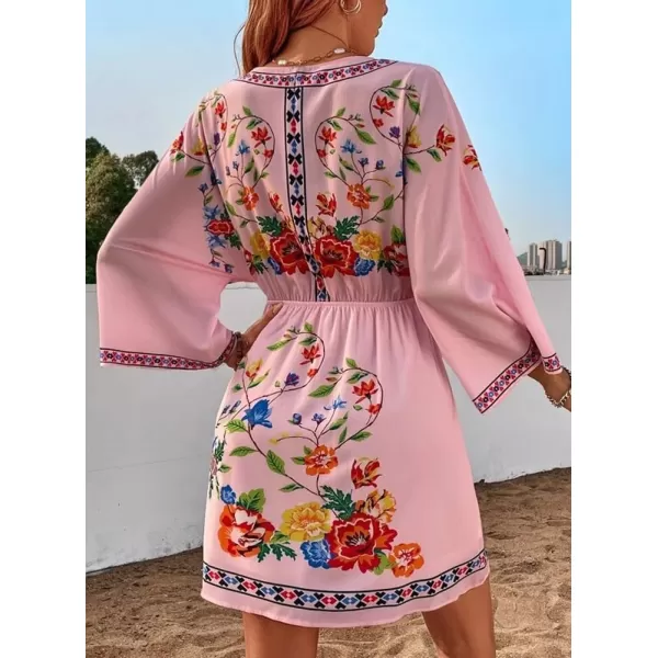 imagechouyatou Womens Summer Boho V Neck Floral Embroidered Mexican Dress High Waist Mini DressPink