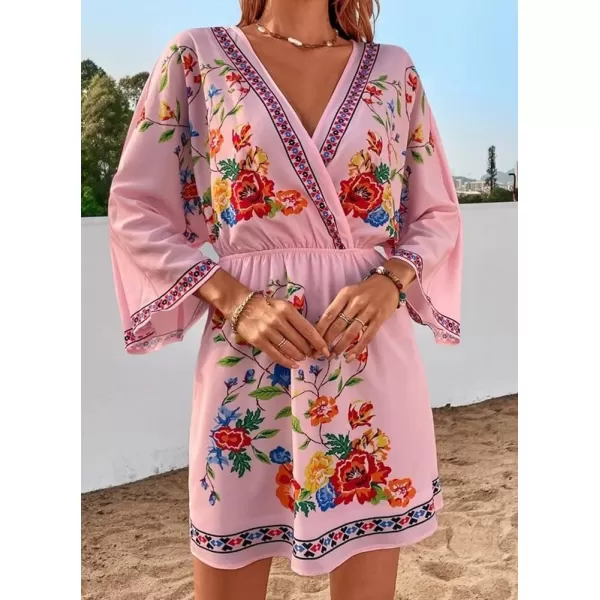 imagechouyatou Womens Summer Boho V Neck Floral Embroidered Mexican Dress High Waist Mini DressPink