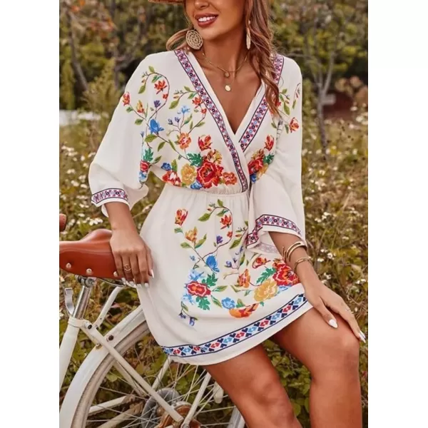 imagechouyatou Womens Summer Boho V Neck Floral Embroidered Mexican Dress High Waist Mini DressWhite