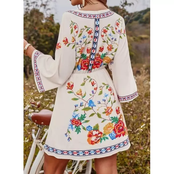 imagechouyatou Womens Summer Boho V Neck Floral Embroidered Mexican Dress High Waist Mini DressWhite