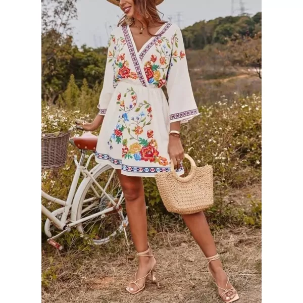 imagechouyatou Womens Summer Boho V Neck Floral Embroidered Mexican Dress High Waist Mini DressWhite
