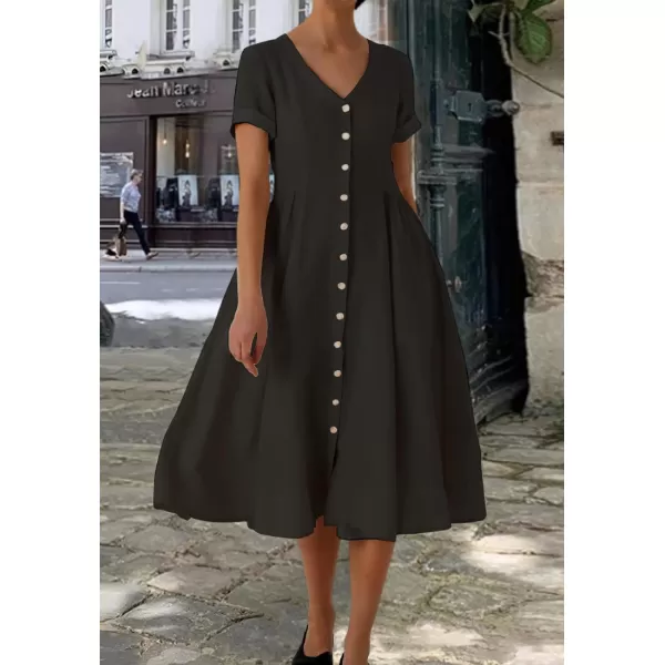 imagechouyatou Womens Summer Fit and Flare Swing Cotton Dress Casual VNeck Button Down Beach Midi DressBlack