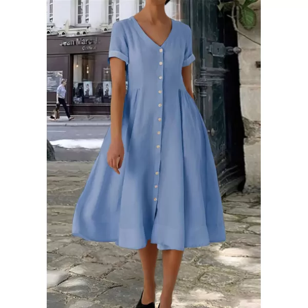imagechouyatou Womens Summer Fit and Flare Swing Cotton Dress Casual VNeck Button Down Beach Midi DressLight Blue