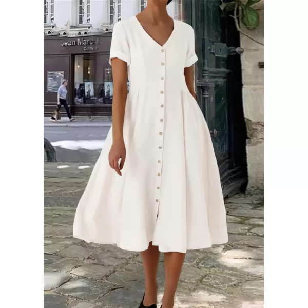 imagechouyatou Womens Summer Fit and Flare Swing Cotton Dress Casual VNeck Button Down Beach Midi DressOffwhite