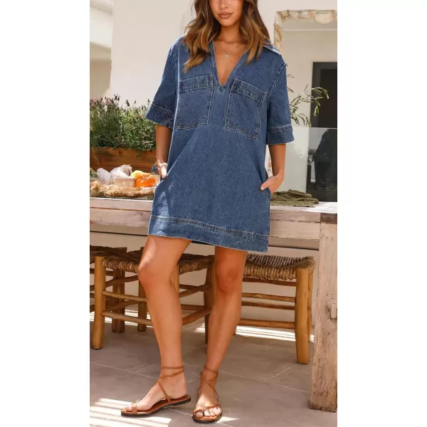 imagechouyatou Womens Summer Loose Fit VNeck Sexy Mini Denim Dress Cute Jean Tunic Dress with PocketsDark Blue