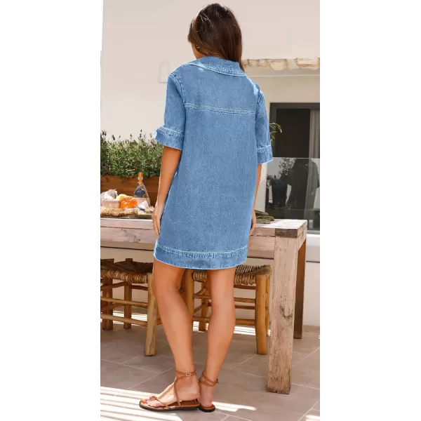 imagechouyatou Womens Summer Loose Fit VNeck Sexy Mini Denim Dress Cute Jean Tunic Dress with PocketsLight Blue