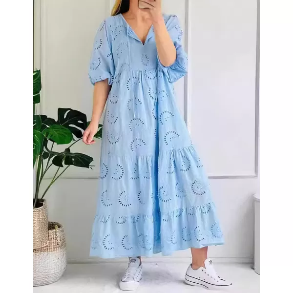 imagechouyatou Womens Summer Loose Floral Lace Eyelet Dress Boho Casual Notch Neck Maxi Tunic Beach DressLight Blue