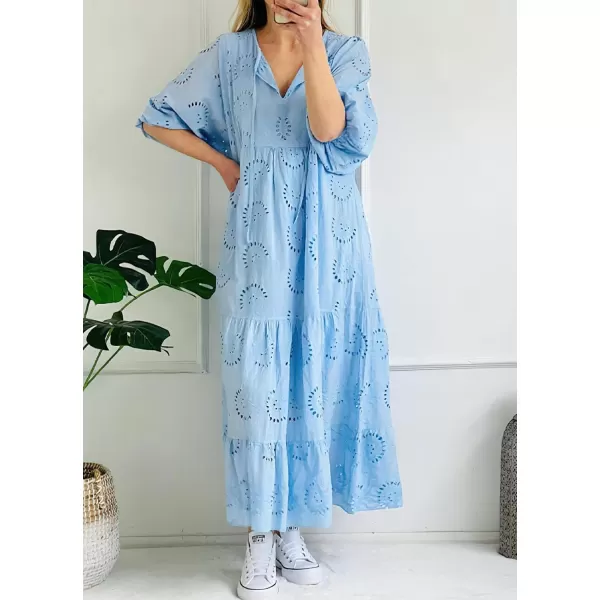 imagechouyatou Womens Summer Loose Floral Lace Eyelet Dress Boho Casual Notch Neck Maxi Tunic Beach DressLight Blue