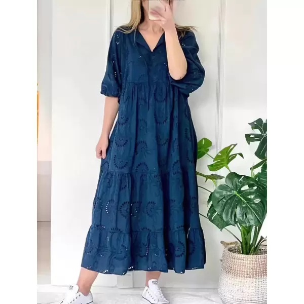 imagechouyatou Womens Summer Loose Floral Lace Eyelet Dress Boho Casual Notch Neck Maxi Tunic Beach DressNavy Blue