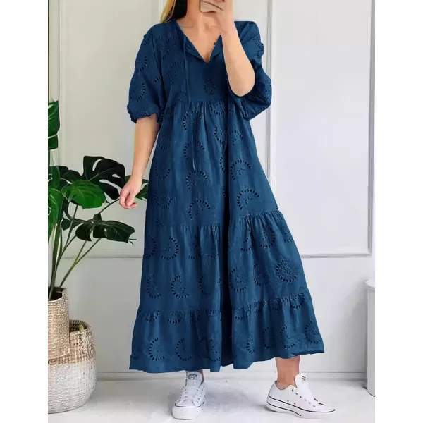 imagechouyatou Womens Summer Loose Floral Lace Eyelet Dress Boho Casual Notch Neck Maxi Tunic Beach DressNavy Blue