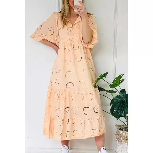 imagechouyatou Womens Summer Loose Floral Lace Eyelet Dress Boho Casual Notch Neck Maxi Tunic Beach DressOrange
