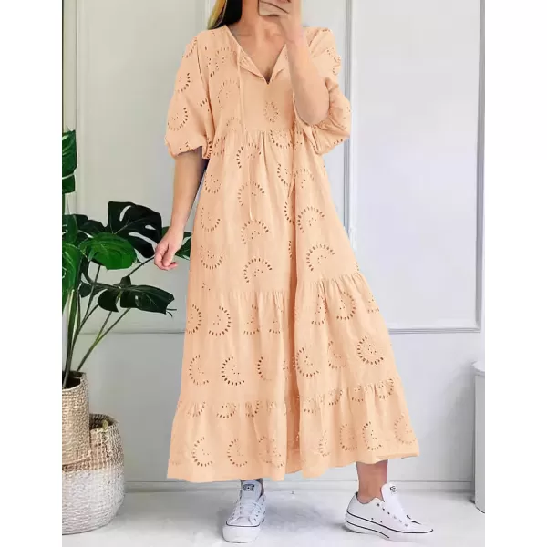 imagechouyatou Womens Summer Loose Floral Lace Eyelet Dress Boho Casual Notch Neck Maxi Tunic Beach DressOrange