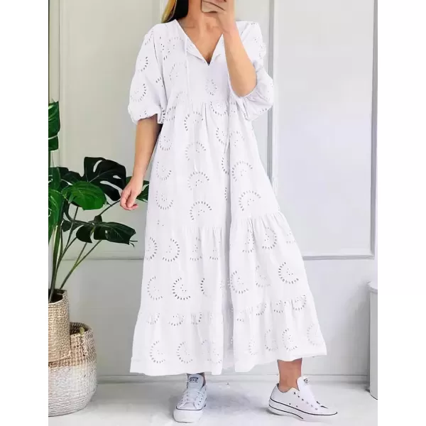 imagechouyatou Womens Summer Loose Floral Lace Eyelet Dress Boho Casual Notch Neck Maxi Tunic Beach DressWhite