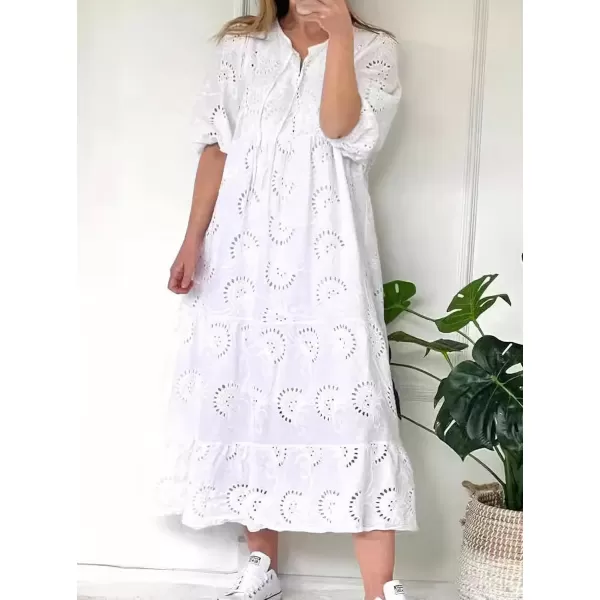imagechouyatou Womens Summer Loose Floral Lace Eyelet Dress Boho Casual Notch Neck Maxi Tunic Beach DressWhite