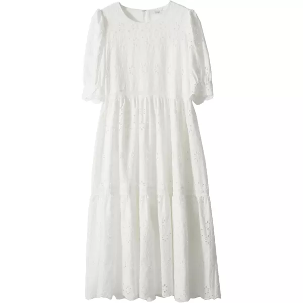imagechouyatou Womens Summer Puff Sleeve Midi Long Floral Eyelet Dress Embroidery Flowy Swing Party DressWhite