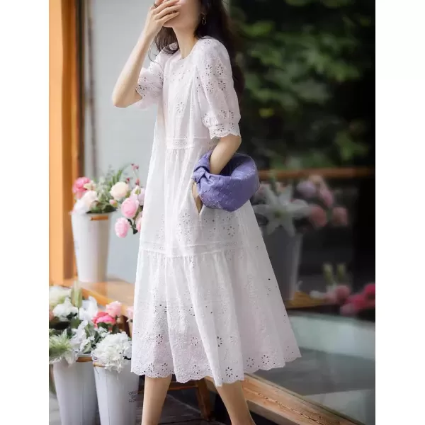 imagechouyatou Womens Summer Puff Sleeve Midi Long Floral Eyelet Dress Embroidery Flowy Swing Party DressWhite