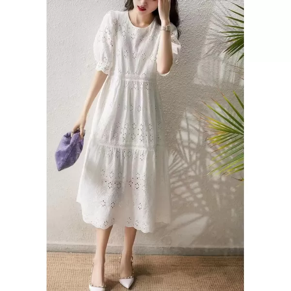 imagechouyatou Womens Summer Puff Sleeve Midi Long Floral Eyelet Dress Embroidery Flowy Swing Party DressWhite