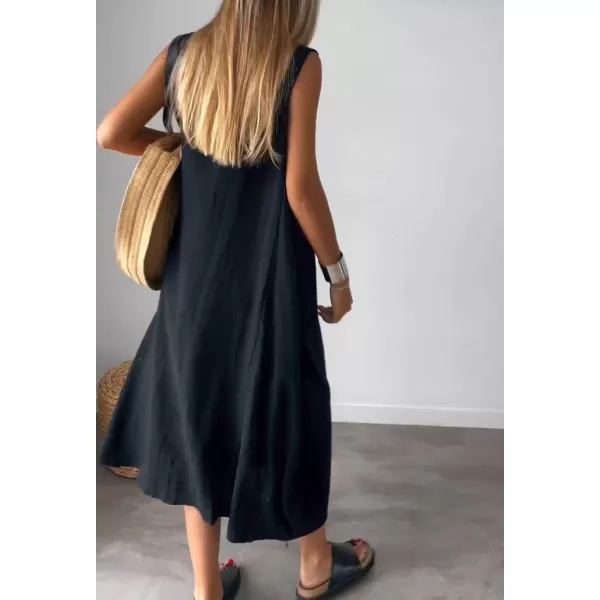 imagechouyatou Womens Summer Sleeveless Linen Tank Dress Casual Loose ALine Midi Long Beach DressBlack