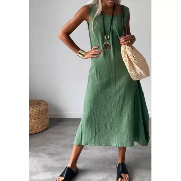 imagechouyatou Womens Summer Sleeveless Linen Tank Dress Casual Loose ALine Midi Long Beach DressGreen
