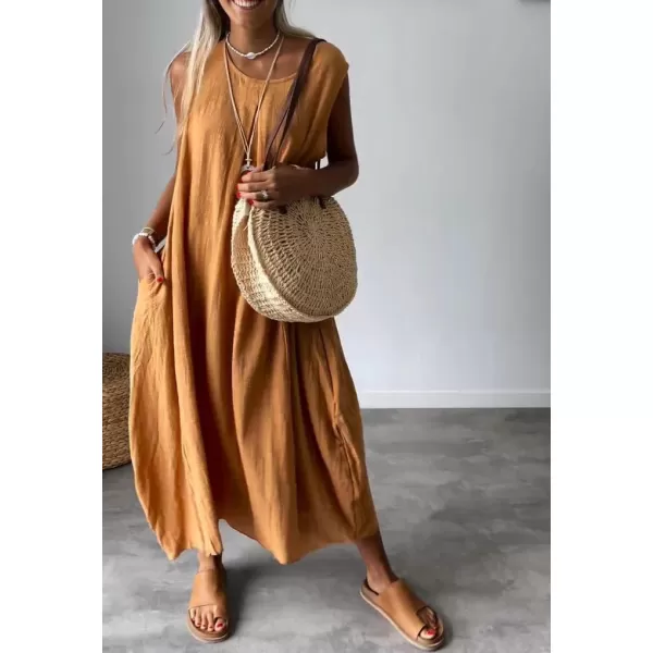 imagechouyatou Womens Summer Sleeveless Linen Tank Dress Casual Loose ALine Midi Long Beach DressOrange