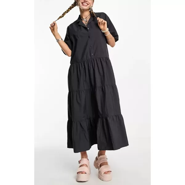imagechouyatou Womens Summer VNeck Collared Button Down Maxi Shirt Dress Loose Fit Tiered Babydoll Tunic DressBlack