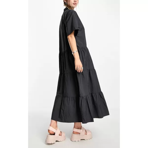 imagechouyatou Womens Summer VNeck Collared Button Down Maxi Shirt Dress Loose Fit Tiered Babydoll Tunic DressBlack