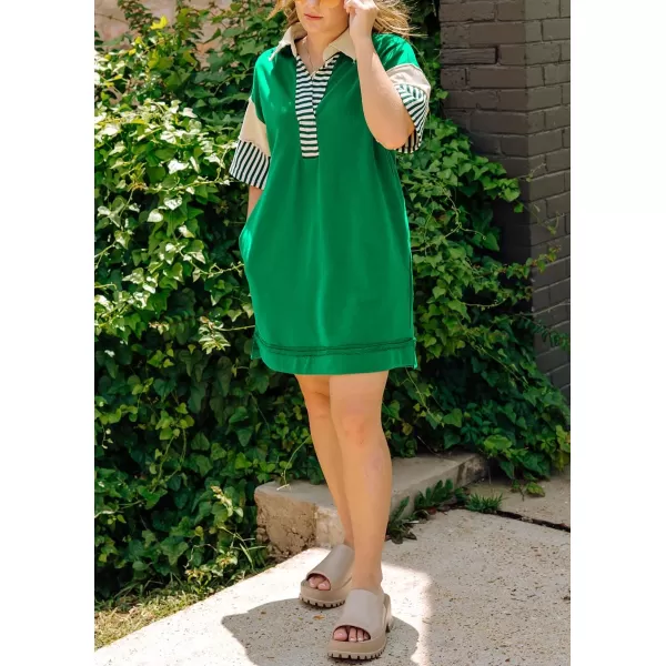 imagechouyatou Womens Summer VNeck Polo Collared Mini Dress Loose Casual Striped Splicing TShirt DressGreen
