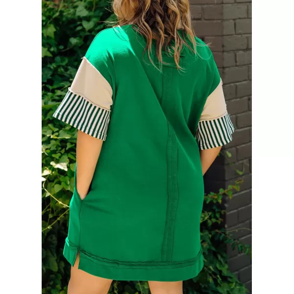 imagechouyatou Womens Summer VNeck Polo Collared Mini Dress Loose Casual Striped Splicing TShirt DressGreen