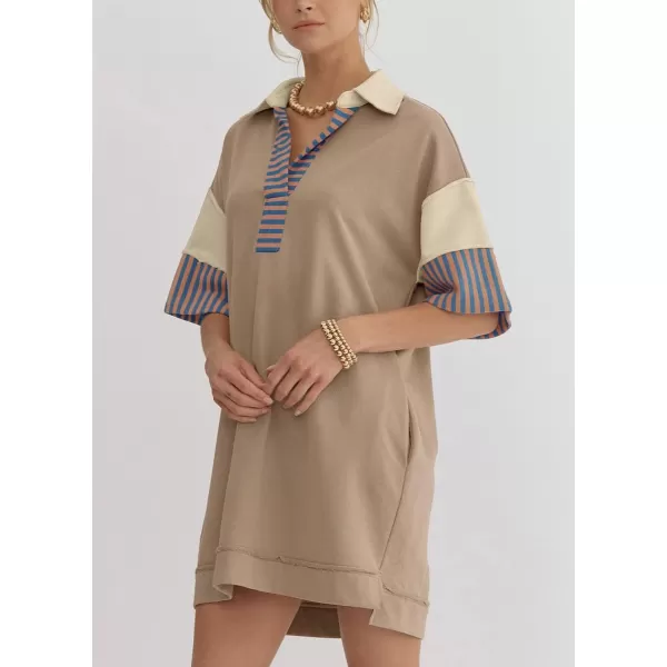 imagechouyatou Womens Summer VNeck Polo Collared Mini Dress Loose Casual Striped Splicing TShirt DressKhaki